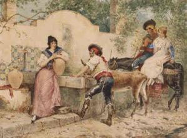 Flirtation By The Well Oil Painting by Ramon Tusquets y Maignon