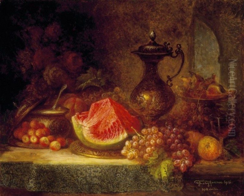 Still Life With A Mug And Fruit Oil Painting by Ferenc Ujhazy