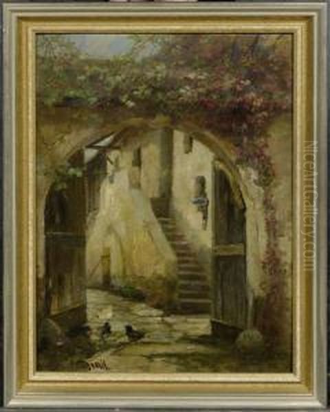 Pair Of Paintings: Chickens In A Courtyard Oil Painting by Paul Unbereit