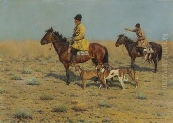 Zwei Steppenreiter Mit
 Jagdhunden. Oil Painting by Hugo Ungewitter
