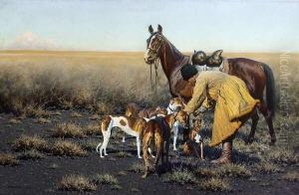 Steppenreiter Mit Windhunden In
 Weiter Landschaft. Oil Painting by Hugo Ungewitter