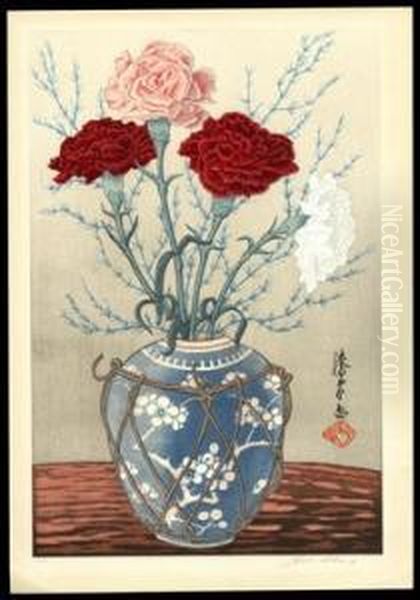 Carnations In A Vase Oil Painting by Yoshijiro Urushibara