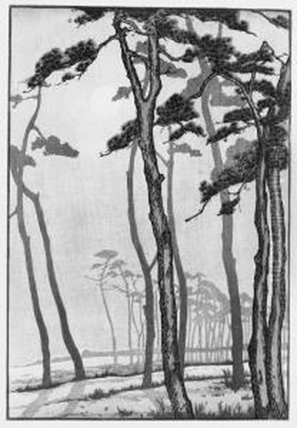 Full Moon Shining Through Pine Trees Beforedistant Silhouetted Mountains . Oil Painting by Yoshijiro Urushibara