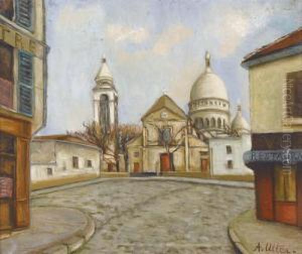 L'eglise St-pierre De Montmartre Et Le Sacre-coeur Oil Painting by Andre Utter