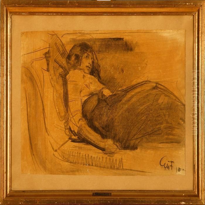 The Artist's Wife Gerda On A Sofa Oil Painting by Einar Utzon-Frank