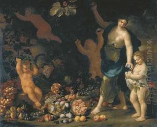 Una Fanciulla Raccoglie Frutti In Un Orto, Porgendoli A Una Bimba, Con Due Putti Oil Painting by Nicola Vaccaro