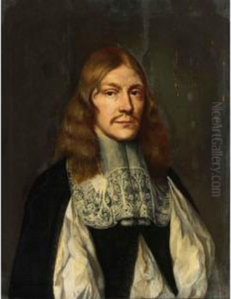 Portrait Of A Gentleman, Bust 
Length, Wearing A White Chemise, Black Coat And Lace Collar Oil Painting by Wallerand Vaillant