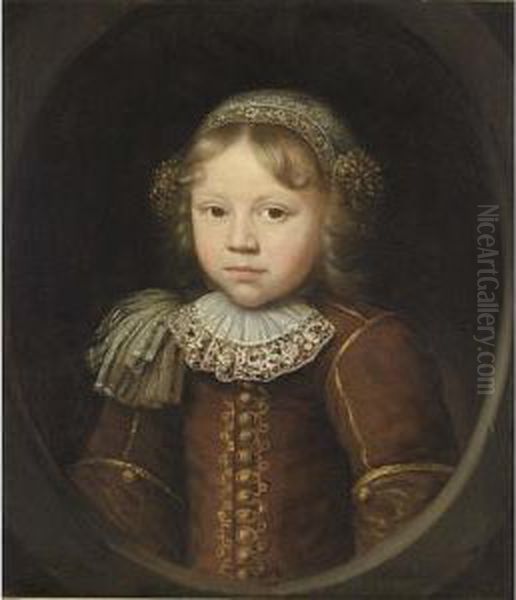 A Portrait Of A Young Boy, Aged 
3?, Bust Length, Wearing A Brown And Yellow Coat, A White Lace Tie, An 
Epaulet, And A Lace Headdress, In A Painted Oval Oil Painting by Wallerand Vaillant
