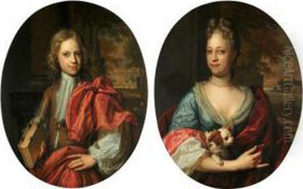 Portrait Of A Young Gentleman, 
Half Length, Wearing A Brown Jacket And Red Cloak, Holding A Book, A 
Classical Landscape Beyond Oil Painting by Dirk Valkenburg