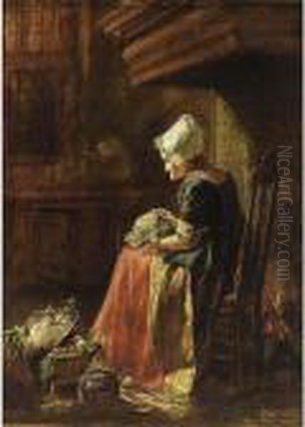 A Woman Seated With A Cabbage In
 A Chair By The Fire Place, A Vegetable Still Life At Her Feet Oil Painting by Hendrik Valkenburg