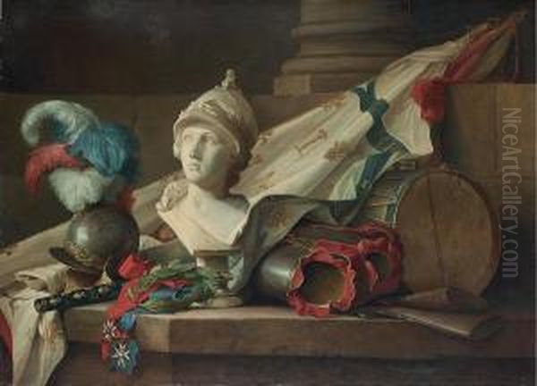 Bust Of Minerva, Armour, 
Muskets, A Drum, A Standard, A Marshal's Baton, A Laurel Wreath And 
Badges And Sashes Of The Orders Of Saint- Louis And Of The Saint-esprit 
On A Stone Ledge. Oil Painting by Anne Vallayer-Coster