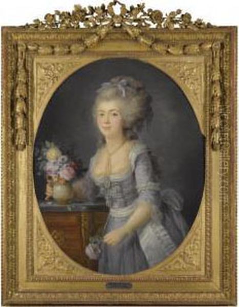 Portrait Of Madame Adelaide 
Auguie, Three Quarter Length, Standing Beside A Table Holding A Vase Of 
Flowers Oil Painting by Anne Vallayer-Coster