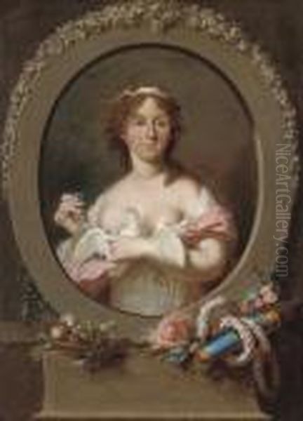 Portrait Of A Lady As Venus, In A
 White Dress And Pink Wrap, Withforget-me-nots And A Dove In Her Hands, 
In A Sculpted Cartouchesurrounded By The Attributes Of Love Oil Painting by Anne Vallayer-Coster