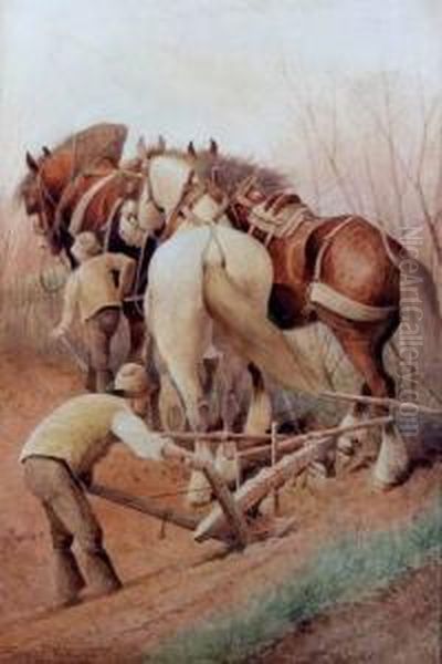 Heavy Horses Ploughing Oil Painting by Frederick E. Valter