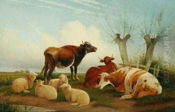 Cattle And Sheep Ina Landscape 
1903 Oil On Board Signed 'frederick E Valter' And Datedlower Centre 28 X
 42 Cm Oil Painting by Frederick E. Valter
