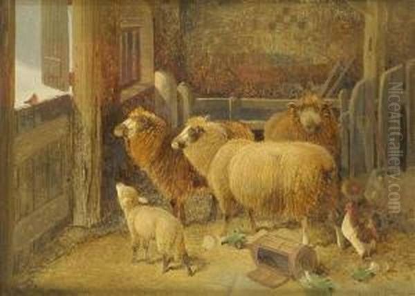 Christmasgreeting, Sheep And 
Lamb With Cockerel In A Barn, A Robin At Thedoor, Snow Covered Landscape
 Beyond Oil Painting by Frederick E. Valter