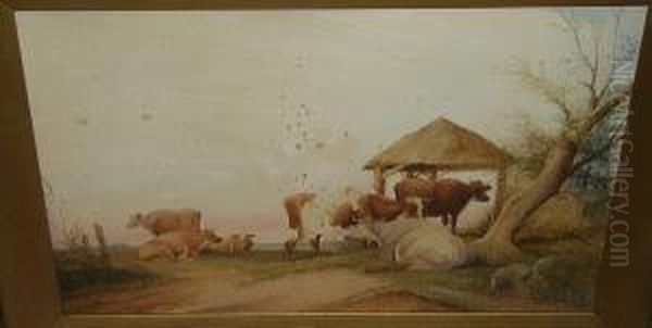 Cattle Resting By A Byre; Sheep 
And Cattle In An Open Pasture, Both Signed And Dated 'frederick E. 
Valter 1903' Oil Painting by Frederick E. Valter