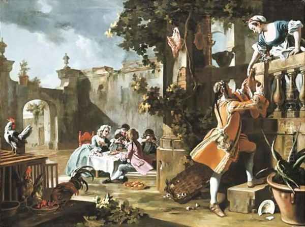 An elegant children's tea-party in the forecourt of an Italian villa with a young man passing a joint of meat to a woman standing on a balcony above Oil Painting by Filippo Falciatore