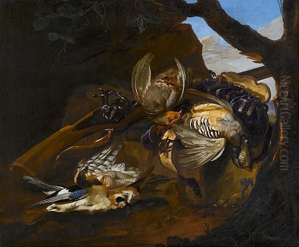Dead Partridges With A Dead Jay 
And Sparrowhawk With Hunting Paraphernalia And An Italian Wheel-lock Gun
 In A Landscape Oil Painting by Willem Van Aelst