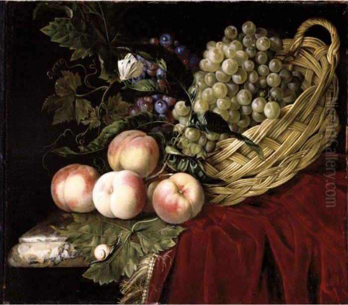 A Still Life With Peaches And 
Grapes Fallen From An Over-turned Basket, Resting On A Partly-draped 
Marble Ledge Oil Painting by Willem Van Aelst