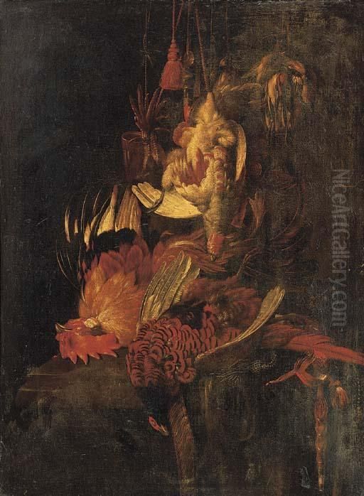A Dead Cockerel And Game Birds 
Suspended By String With A Pheasantand A Falcon's Hood On A Ledge Oil Painting by Willem Van Aelst