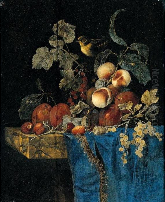 Still Life Of Apricots, Plums, 
Red And White Currants And Strawberries Arranged On A Marble Ledge 
Draped With A Blue Cloth And A Bird Oil Painting by Willem Van Aelst