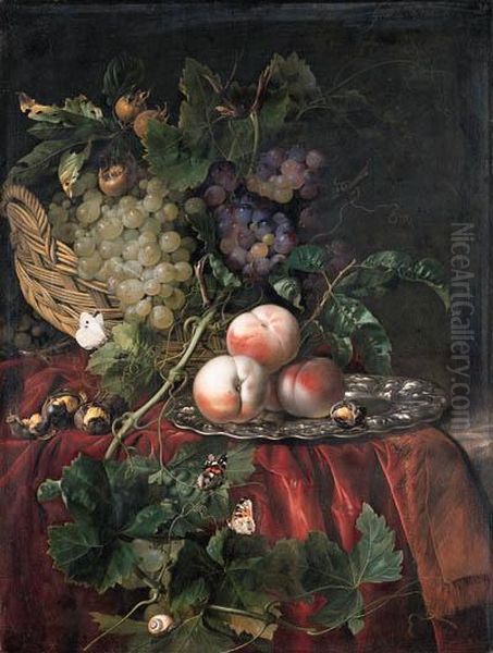 Grapes In A Basket, Peaches On A
 Silver Dish, Chestnuts, A Largewhite And Two Red Admiral Butterflies, A
 Fly And A Snail On A Vinetendril, On A Red Velvet Cloth Over A Partly 
Draped Ledge Oil Painting by Willem Van Aelst