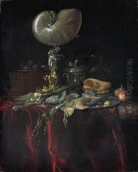 A Nautilus Cup, A Pickled 
Herring And A Fillet On A Pewter Platewith A Fly, Onions And Leeks, 
Cloves In A Pewter Cup, A Roemer, Acrystal-handled Knife And Olives On A
 Pewter Plate On A Box, On Apartly Draped Marble Shelf Oil Painting by Willem Van Aelst