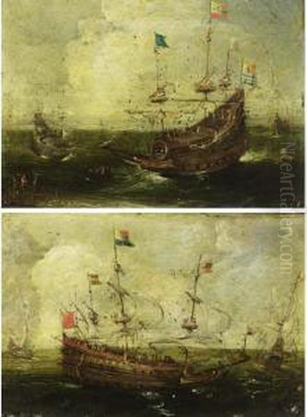 A Heavily Armed Dutch 
Four-master And Other Ships At Open Sea ; A Heavily Armed Merchantman, 
With The Flag Of Zealand, A Rowing Boat And Other Ships At Sea, Together
 With Figures Standing On A Beach Oil Painting by Aert Anthonisz