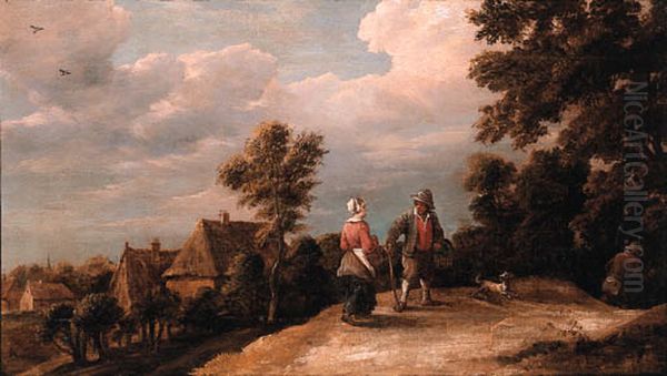 Peasants Returning From Market On A Sandy Path By A Village Oil Painting by Thomas Van Apshoven