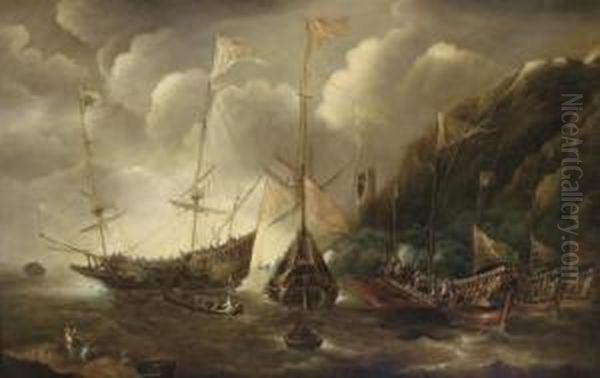 A Mediterranean Capriccio Of A 
Sea Fight Between European Merchantmen And Ottoman Galeasses Oil Painting by Andries Van Eertvelt