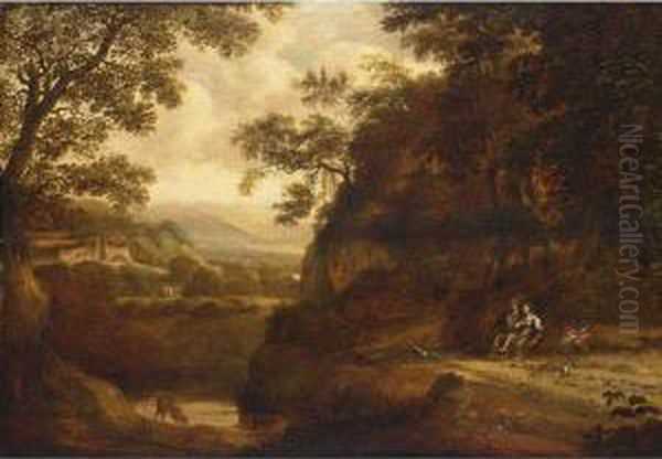 An Italianate Wooded Landscape 
With A Lady And A Sportsman Resting Under A Tree, A View Of A Temple And
 A Ruin Beyond Oil Painting by Pieter Jansz. van Asch