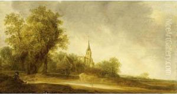 A Dune Landscape With Travellers
 And A Figure Resting, A Small Village And A Church Ruin Beyond Oil Painting by Pieter Jansz. van Asch