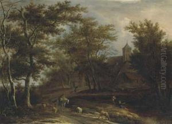 A Wooded River Landscape With A 
Peasant On Horseback, A Shepherdwith His Flock And Other Peasants 
Fishing Outside A Village Oil Painting by Pieter Jansz. van Asch