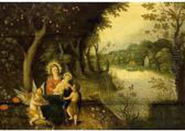 The Madonna And Child With St. 
John And Putti In A Wooded River Landscape, A Village Beyond Oil Painting by Pieter Van Avont