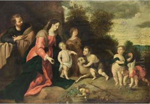 The Holy Family With St. John 
The Baptist, An Angel And Putti In A Landscape, A Fruit Still Life In 
The Foreground Oil Painting by Pieter Van Avont