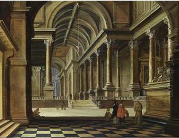 An Interior Of An Imaginary 
Classical Church With An Elegant Couple Conversing With A Monk In The 
Foreground Oil Painting by Bartholomeus Van Bassen