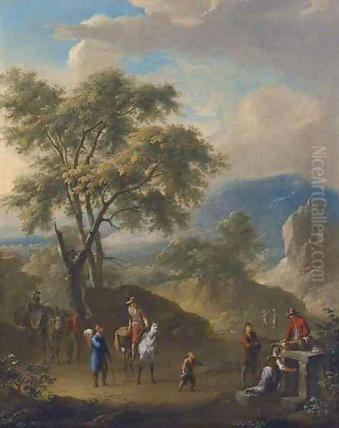 A mountainous landscape with peasants travelling on a path Oil Painting by Franz Ferg