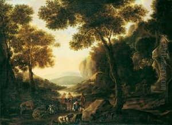 Wilhelm Von , Umkreis Sudliche 
Flusslandschaft Mit Hirtenstaffage. Ol Auf Leinwand. H 73; B 98 Cm Oil Painting by Willem Van Bemmel