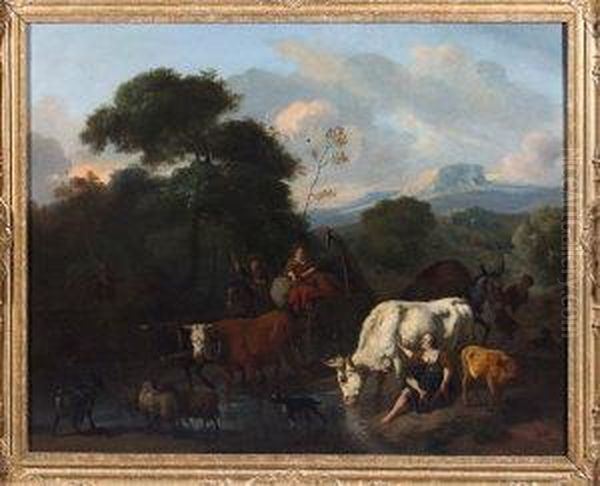 A Pastoral River Landscape With A
 Bullock Cart Crossing A Ford And Other Figures And Animals Nearby Oil Painting by Dirk van Bergen