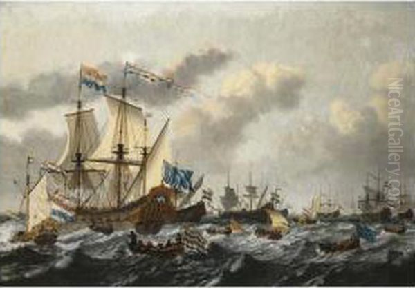 The Dutch Fleet At Sea In A 
Breeze, With A States-yacht Firing A Salute To The Flagship, De Witte 
Olifant Oil Painting by Dirk van Bergen