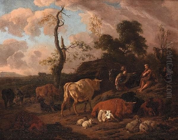 An Italianate Landscape With A 
Traveller Asking Directions Of A Shepherd Surrounded By Sheep And Cattle Oil Painting by Dirk van Bergen