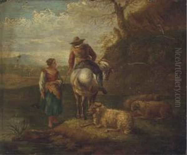 An Italianate River Landscape 
With A Shepherd And Shepherdess Andtheir Flock; And An Italianate River 
Landscape With A Drover Andhis Cattle Oil Painting by Dirk van Bergen