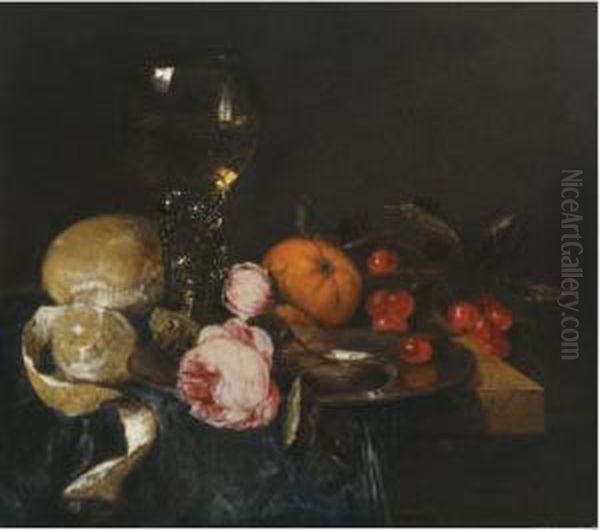 A Still Life With A Roemer, A 
Peeled Lemon, Bread, Roses On Apewter Plate, An Orange And Cherries, All
 On A Draped Table Oil Painting by Abraham Hendrickz Van Beyeren