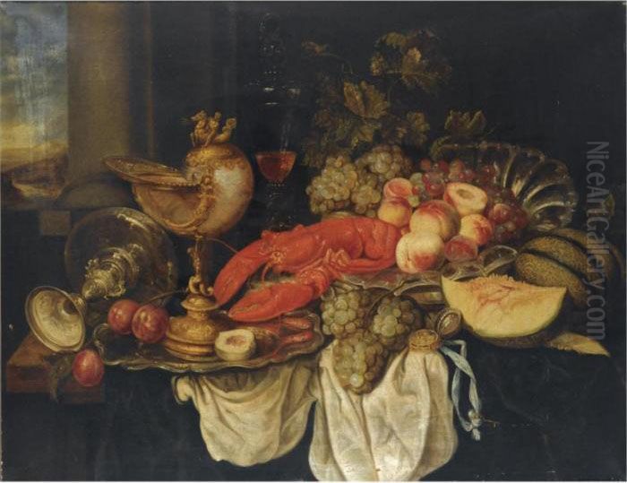 A Sumptuous Still Life With A 
Lobster, A Nautilus Cup, Grapes, A Tazza, Peaches And Other Fruit On A 
Draped Table Oil Painting by Abraham Hendrickz Van Beyeren