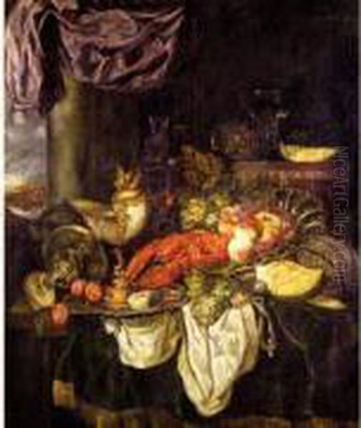 Nature Morte Au Homard, Aux 
Fruits Et Aux Raisins, Avec Un Nautile, Une Coupe En Argent Et Des 
Verres. Oil Painting by Abraham Hendrickz Van Beyeren