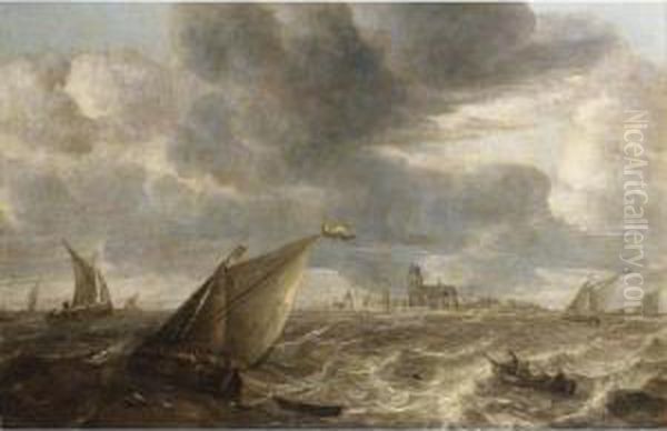 A River Landscape With Fishing 
Boats In A Strong Breeze Before A Town, Probably Dordrecht Oil Painting by Abraham Hendrickz Van Beyeren