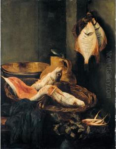 A Larder Still Life With Fish In
 Baskets Together With Radishes And Kitchen Utensils On A Table Oil Painting by Abraham Hendrickz Van Beyeren