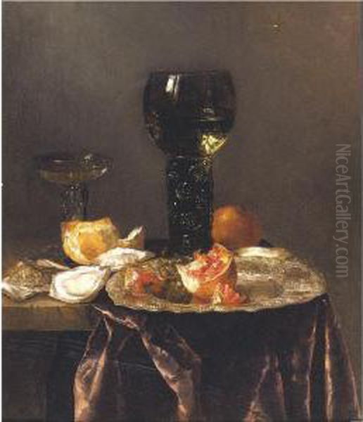 Still Life With A Roemer, A 
Pomegranate And Oysters All Resting On A Partially Draped Table Oil Painting by Abraham Hendrickz Van Beyeren