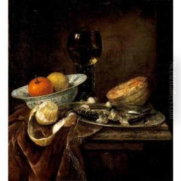 Still Life Of An Orange And A 
Lemon In A Porcelain Bowl, A Roemer, A Melon, A Sliced Herring On A 
Pewter Plate, And A Peeled Lemon Together On A Table Draped With A 
Velvet Cloth Oil Painting by Abraham Hendrickz Van Beyeren